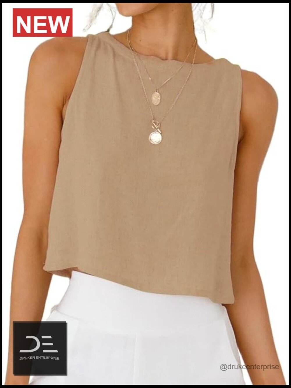 Women's Linen Crop Tank Top Sleeveless High Neck Summer Beach Top